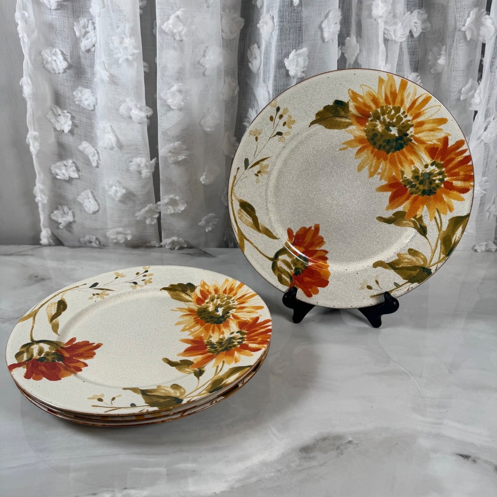 222 Fifth Danielle Stoneware Dinner Plates Set of 4 Floral Sunflower Summer